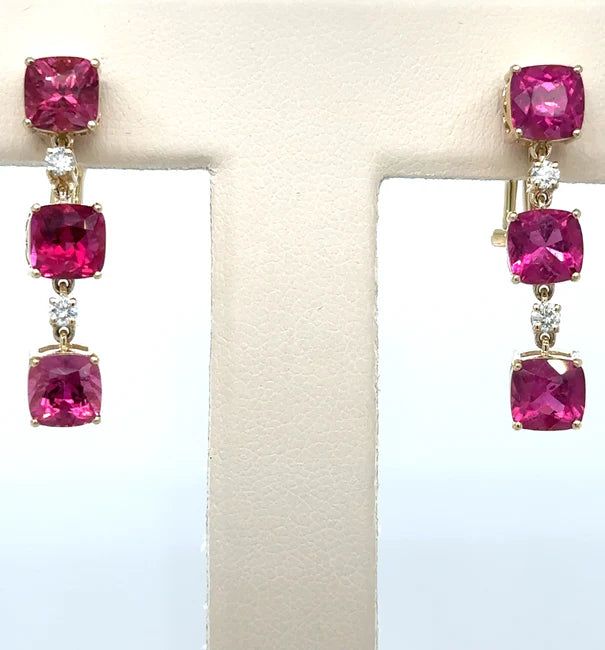 14KT YELLOW GOLD PINK TOURMALINE WITH DIAMONDS EARRING