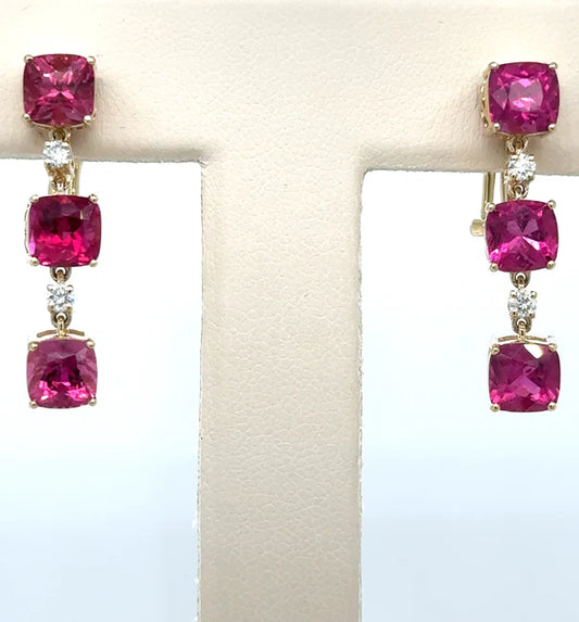 14KT YELLOW GOLD PINK TOURMALINE WITH DIAMONDS EARRING