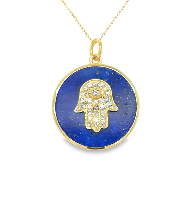 14KT YELLOW GOLD LAPIS HAMSA PENDANT WITH DIAMONDS