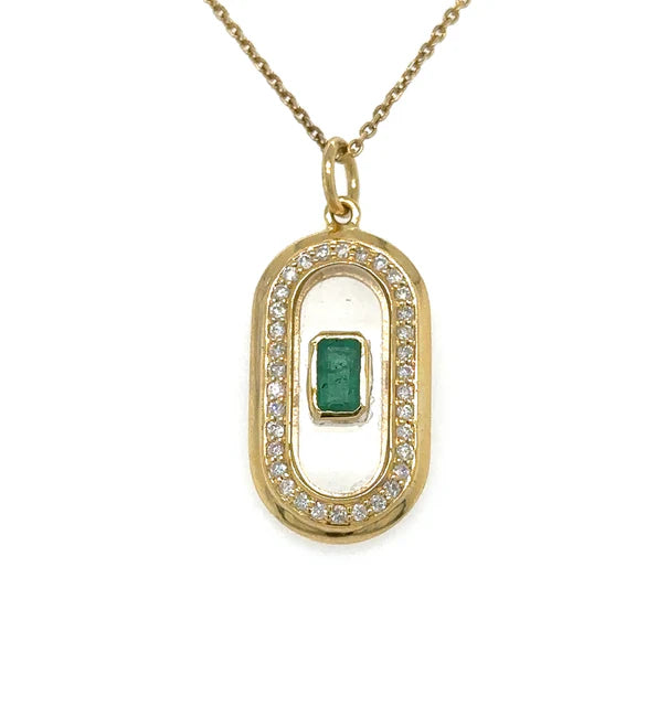 14KT YELLOW GOLD CLEAR QUARTZ PENDANT WITH EMERALD AND DIAMONDS