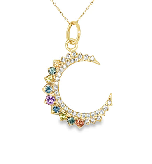 14KT YELLOW GOLD HALF MOON PENDANT WITH MULTI SAPPHIRE AND DIAMONDS