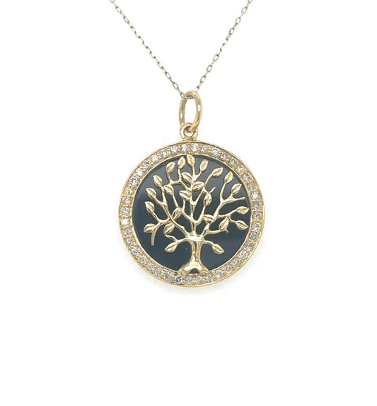 14KT YELLOW GOLD BLACK ONYX TREE OF LIFE PENDANT WITH DIAMONDS