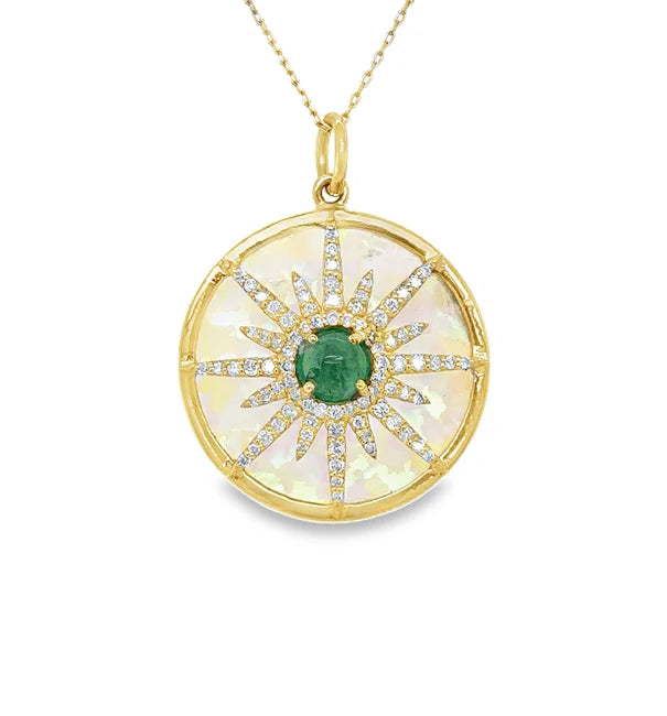 14KT YELLOW GOLD OPAL PENDANT WITH EMERALD AND DIAMONDS