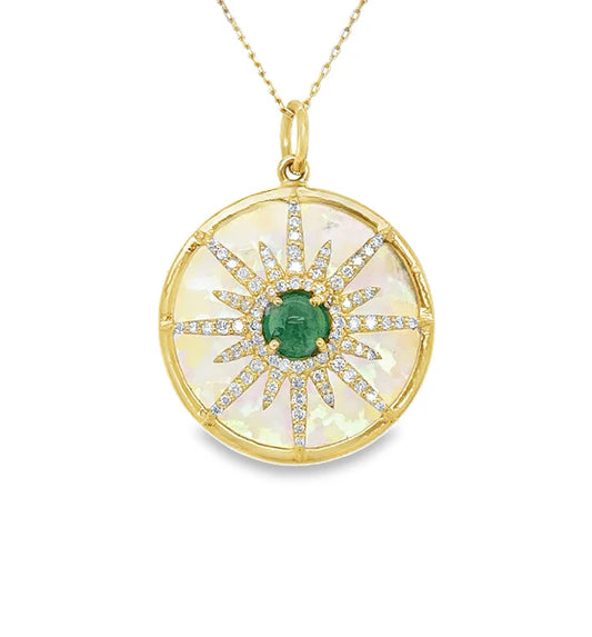 14KT YELLOW GOLD OPAL PENDANT WITH EMERALD AND DIAMONDS