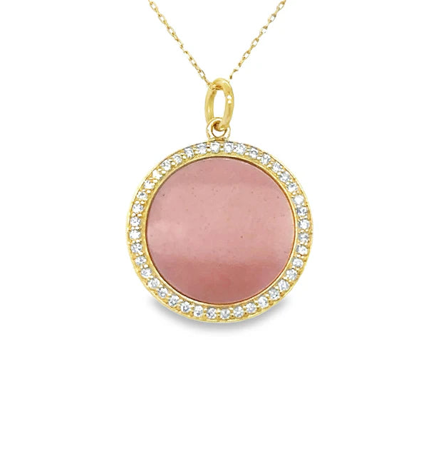 14KT YELLOW GOLD PINK OPAL DISK PENDANT WITH DIAMONDS