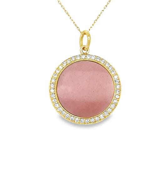 14KT YELLOW GOLD PINK OPAL DISK PENDANT WITH DIAMONDS