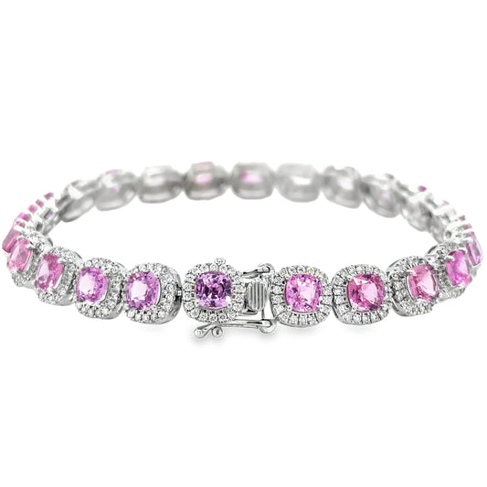 14KT WHITE GOLD DIAMOND PINK SAPPHIRE CUSHION SHAPE BRACELET