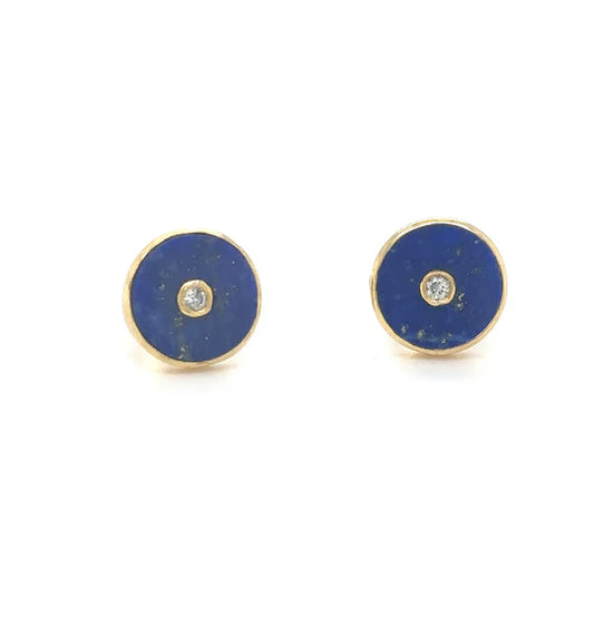 14KT YELLOW GOLD LAPIS WITH DIAMOND ROUND EARRING