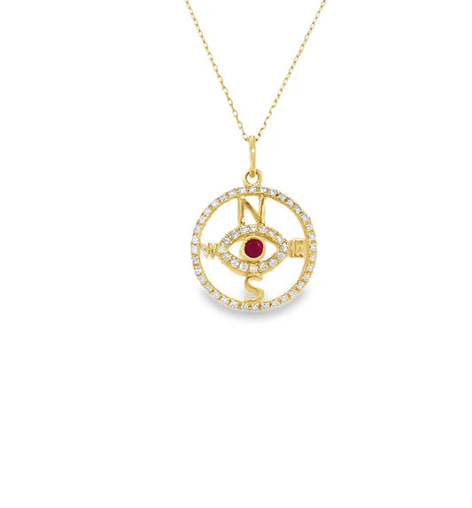 14KT YELLOW GOLD MOTHER OF PEARL AND RUBY EVIL EYE COMPASS PENDANT WITH DIAMONDS