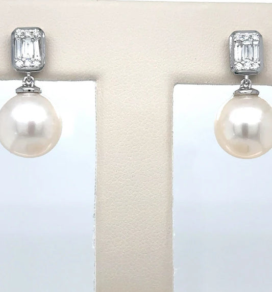 14KT WHITE GOLD FRESH WATER PEARL AND DIAMOND EARRING