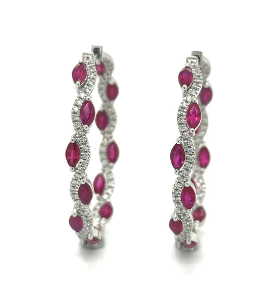 18K WHITE GOLD RUBY AND DIAMOND HOOP EARRING