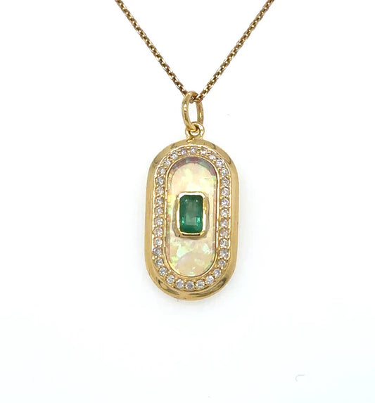 14KT YELLOW GOLD OPAL PENDANT WITH EMERALD AND DIAMONDS