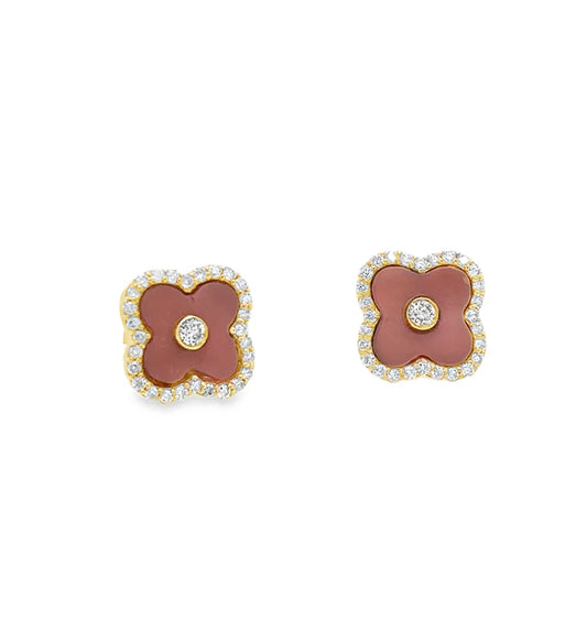 14KT YELLOW GOLD PINK OPAL AND DIAMONDS CLOVER EARRING