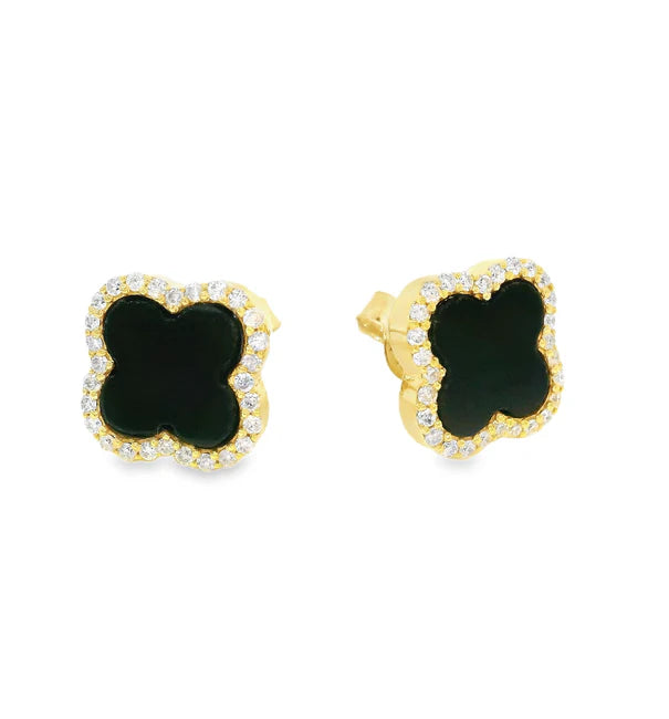 14KT YELLOW GOLD BLACL ONEX AND DIAMONDS CLOVER EARRING