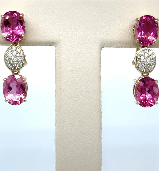 14KT YELLOW GOLD PINK TOURMALINE WITH DIAMONDS EARRING