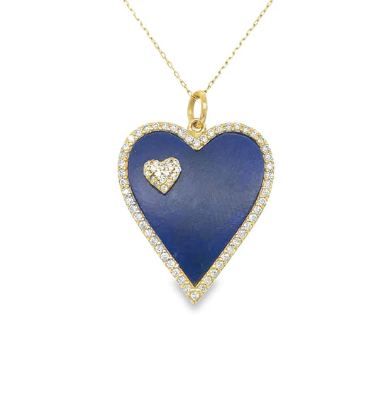 14KT YELLOW GOLD LAPIS HEART PENDANT WITH DIAMONDS