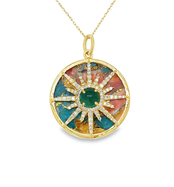14KT YELLOW GOLD OYSTER TURQUOISE PENDANT WITH EMERALD AND DIAMONDS