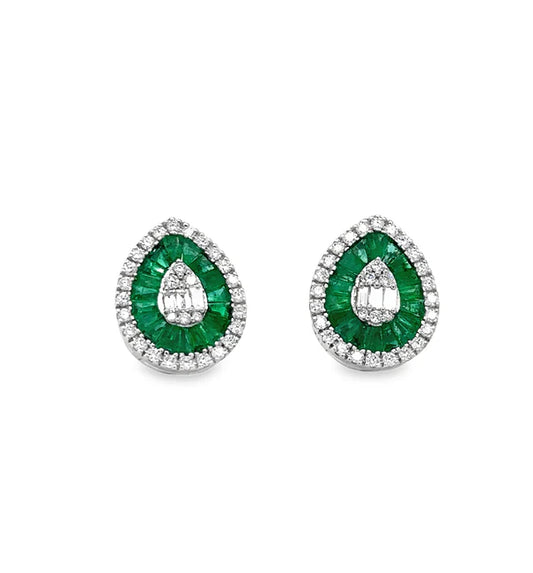 14KT WHITE GOLD EMERALD AND DIAMONDS PEAR SHAPE EARRING