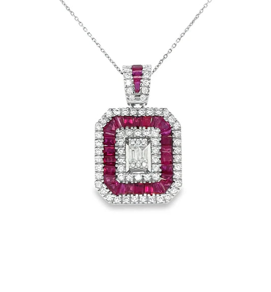 14KT WHITE GOLD RUBY AND DIAMONDS PENDANT
