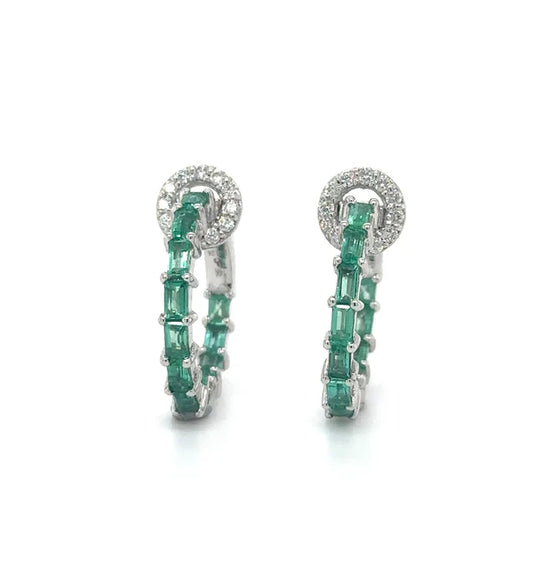 14KT WHITE GOLD EMERALD AND DIAMONDS HOOP EARRING