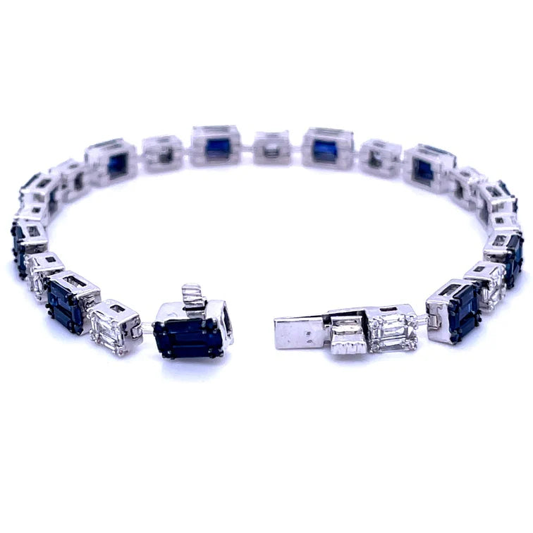 18KT WHITE GOLD BLUE SAPPHIRE & DIAMOND BAGUETTE BRACELET