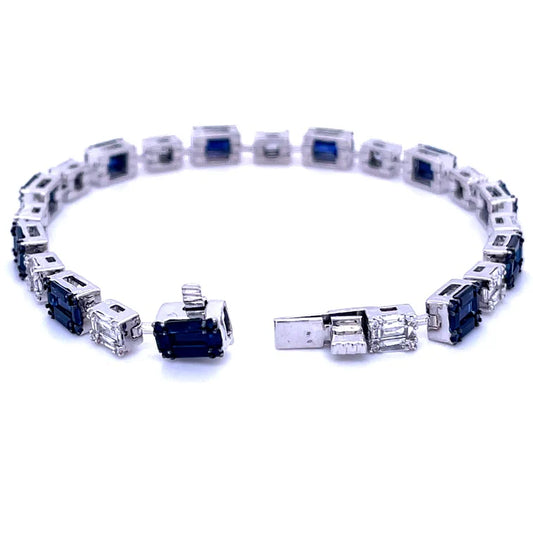 18KT WHITE GOLD BLUE SAPPHIRE & DIAMOND BAGUETTE BRACELET