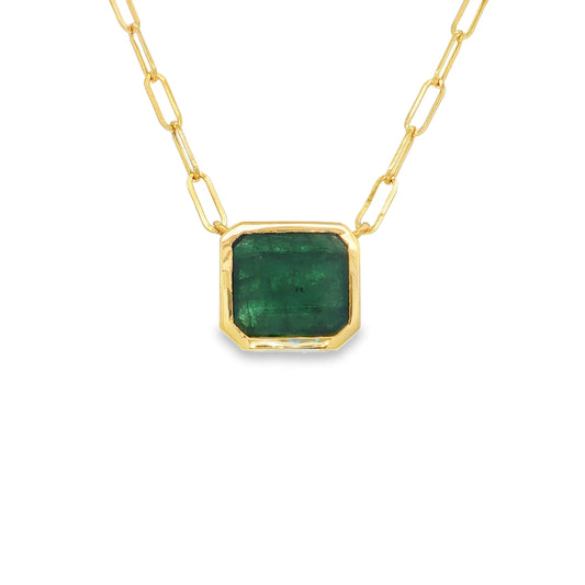 14KT YELLOW GOLD EMERALD NECKLACE WITH PAPERCLIP CHAIN