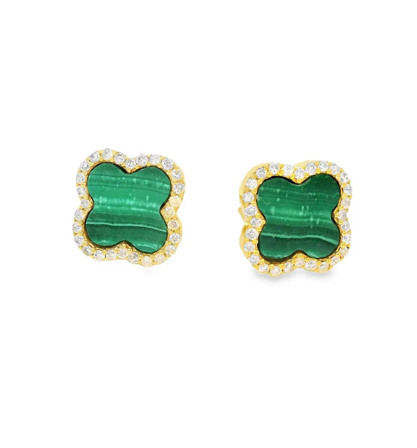 14KT YELLOW GOLD MALACHITE AND DIAMONDS CLOVER EARRING