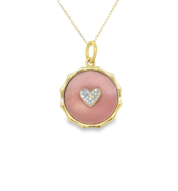 14KT YELLOW GOLD PINK OPAL HEART PENDANT WITH DIAMONDS