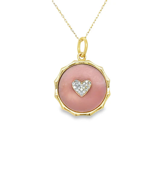 14KT YELLOW GOLD PINK OPAL HEART PENDANT WITH DIAMONDS