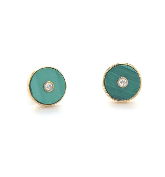 14KT YELLOW GOLD MALACHITE WITH DIAMOND ROUND EARRING