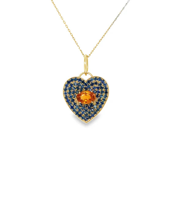 14KT YELLOW GOLD HEART PENDANT WITHBLUE AND ORANGE SAPPHIRE