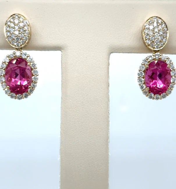 14KT YELLOW GOLD PINK TOURMALINE WITH DIAMONDS EARRING