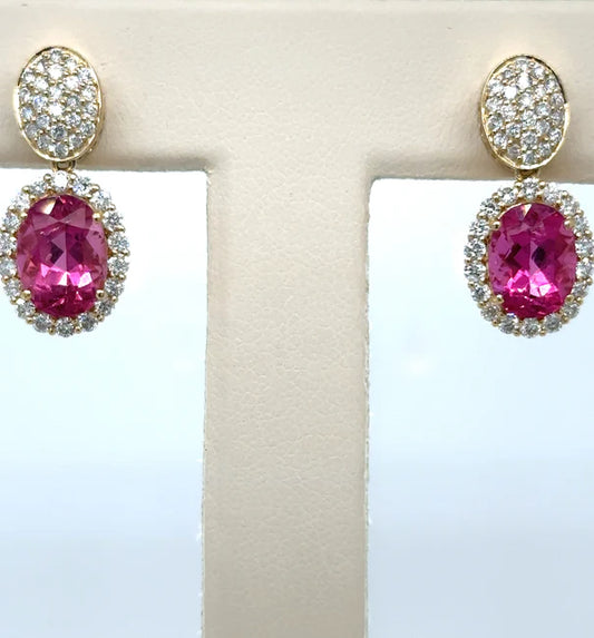 14KT YELLOW GOLD PINK TOURMALINE WITH DIAMONDS EARRING