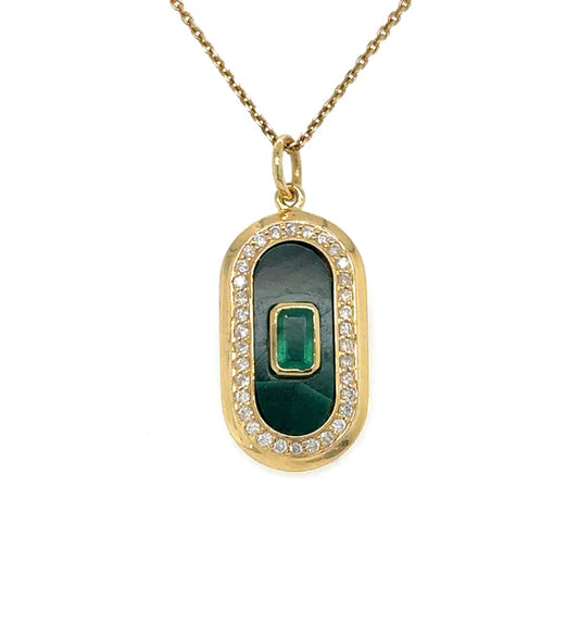 14KT YELLOW GOLD MALACHITE PENDANT WITH EMERALD AND DIAMONDS