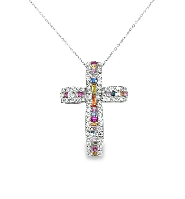 14KT WHITE GOLD MULTI SAPPHIRE AND DIAMONDS CROSS PENDANT