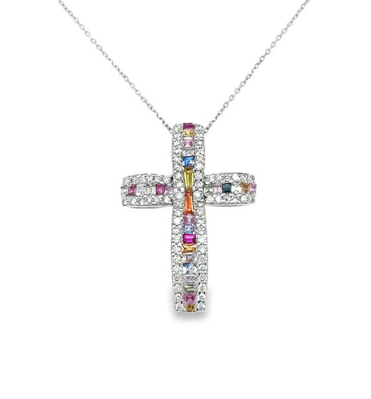 14KT WHITE GOLD MULTI SAPPHIRE AND DIAMONDS CROSS PENDANT