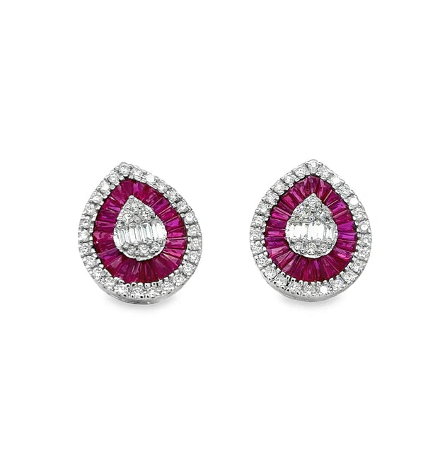 14KT WHITE GOLD RUBY AND DIAMONDS PEAR SHAPE EARRING