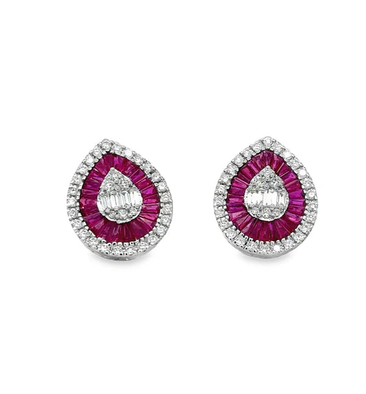 14KT WHITE GOLD RUBY AND DIAMONDS PEAR SHAPE EARRING