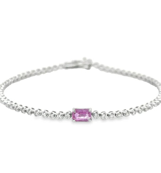 14KT WHITE GOLD PINK SAPPHIRE OCT AND DIAMOND TENNIS BRACELET