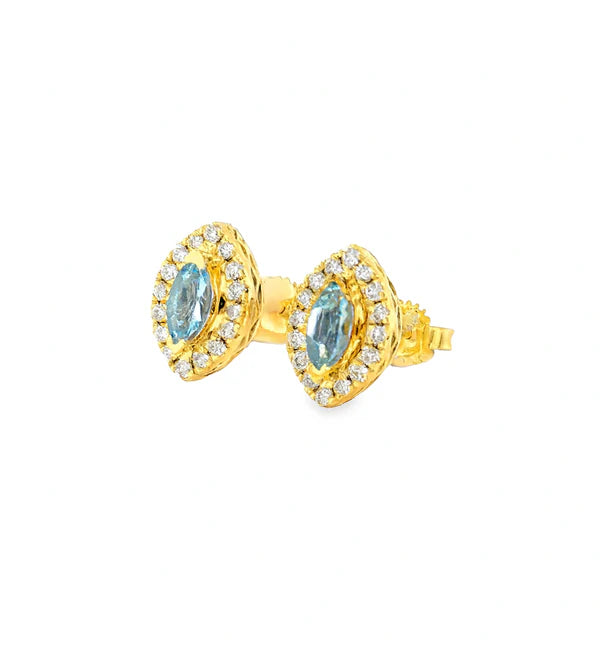 14KT GOLD AQUAMARINE AND DIAMONDS STUD EARRING