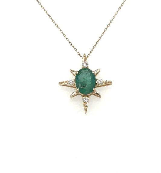 14KT YELLOW GOLD STARBURST PENDANT WITH EMERALD AND DIAMONDS