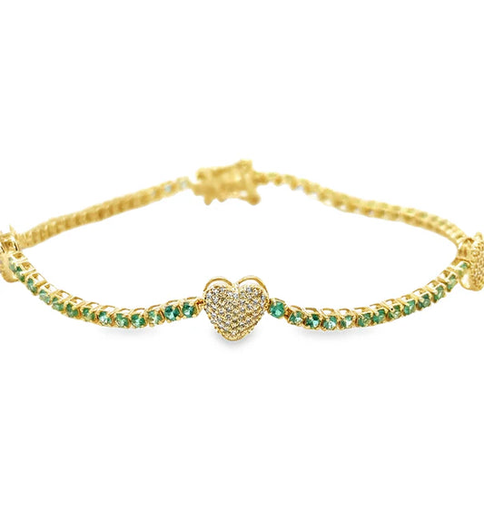 14KT YELLOW GOLD EMERALD AND DIAMONDS HEART TENNIS BRACELET