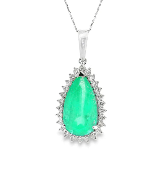 14KT COLUMBIAN EMERALD TEARDROP PENDANT WITH DIAMONDS