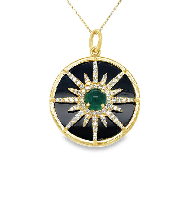 14KT YELLOW GOLD BLACK ONYX PENDANT WITH EMERALD AND DIAMONDS