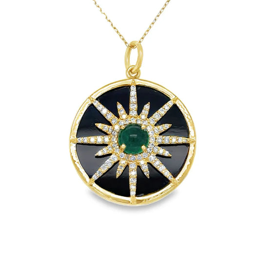 14KT YELLOW GOLD BLACK ONYX PENDANT WITH EMERALD AND DIAMONDS