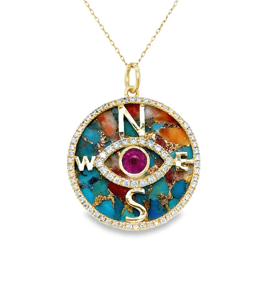 14KT YELLOW GOLD OYSTER TURQUOISE AND RUBY COMPASS PENDANT WITH DIAMONDS