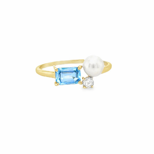14KT YELLOW GOLD DIAMOND, BLUE TOPAZ AND PEARL RING