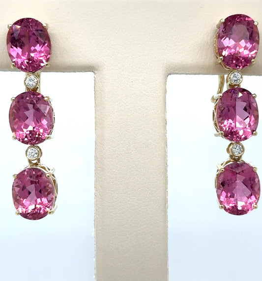 14KT YELLOW GOLD PINK TOURMALINE WITH DIAMONDS EARRING
