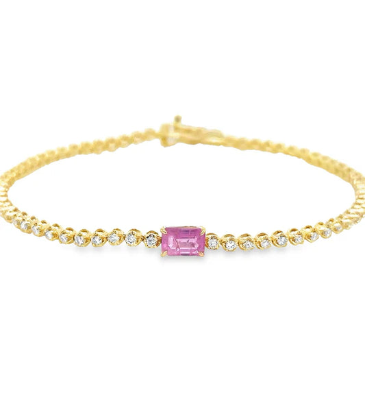 14KT YELLOW GOLD PINK SAPPHIRE OCT AND DIAMOND TENNIS BRACELET